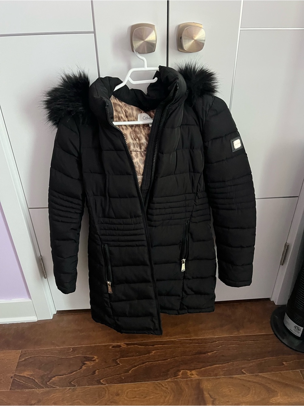 Calvin Klein Black Quilted Long Puffer with Faux Fur Trimmed Hood